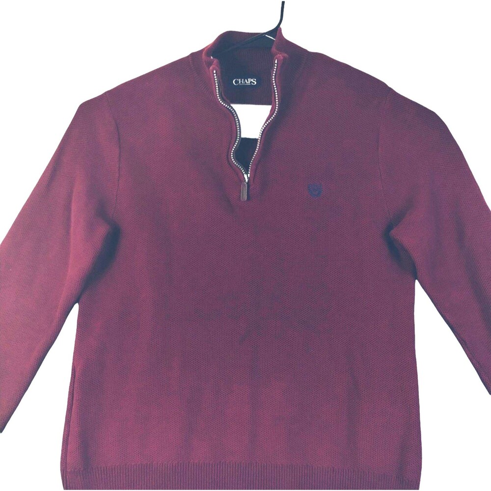 Sweater Mens L Long Sleeve 1/4 Zip Cotton Waffle Knit Maroon Mock Neck Preppy